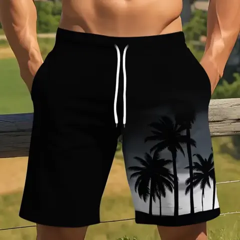 Men's Summer Beach Shorts with Drawstring Waist, Fashionable Palm Tree Print, Casual Fitted H-Type Hawaiian Shorts for Vacation, Beach Outdoor Wear