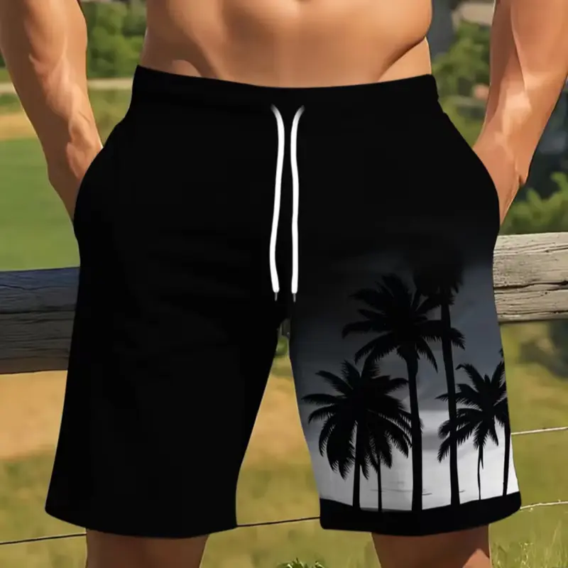 Men's Summer Beach Shorts with Drawstring Waist, Fashionable Palm Tree Print, Casual Fitted H-Type Hawaiian Shorts for Vacation, Beach Outdoor Wear