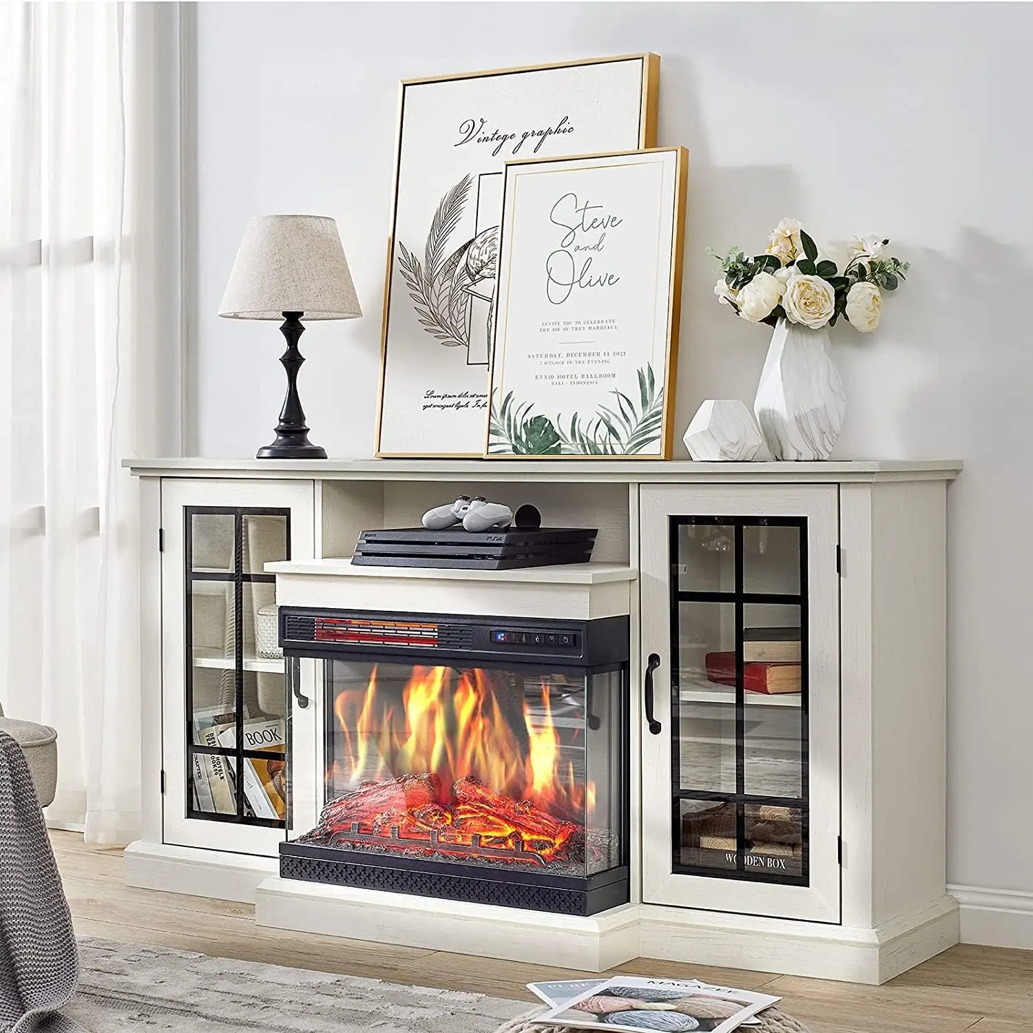 GARVEE 59'' Fireplace TV Stand and Entertainment Center with 24'' Electric Fireplace Heater, LED Flame Colors, Storage Cabinet, and White TV Console Cabinet