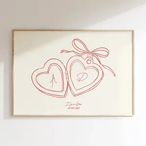 Custom Heart Locket Art Print, Minimal Line Drawing Love Poster, Couple Initials Wall Decor, Anniversary Gift for Couples