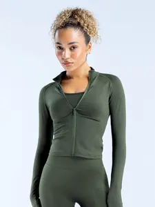 Women's High Neck Zipper Elastic Tight Long Sleeve Yoga Jacket, Athletic Jackets, Outdoor Sports Seamless Fitness Coat, Sporty Breathable Outerwear, Suitable for Running Home Exercise