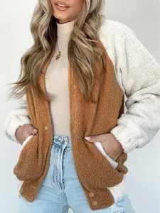 Brown Contrast White Sleeve Snap Button Sherpa Jacket