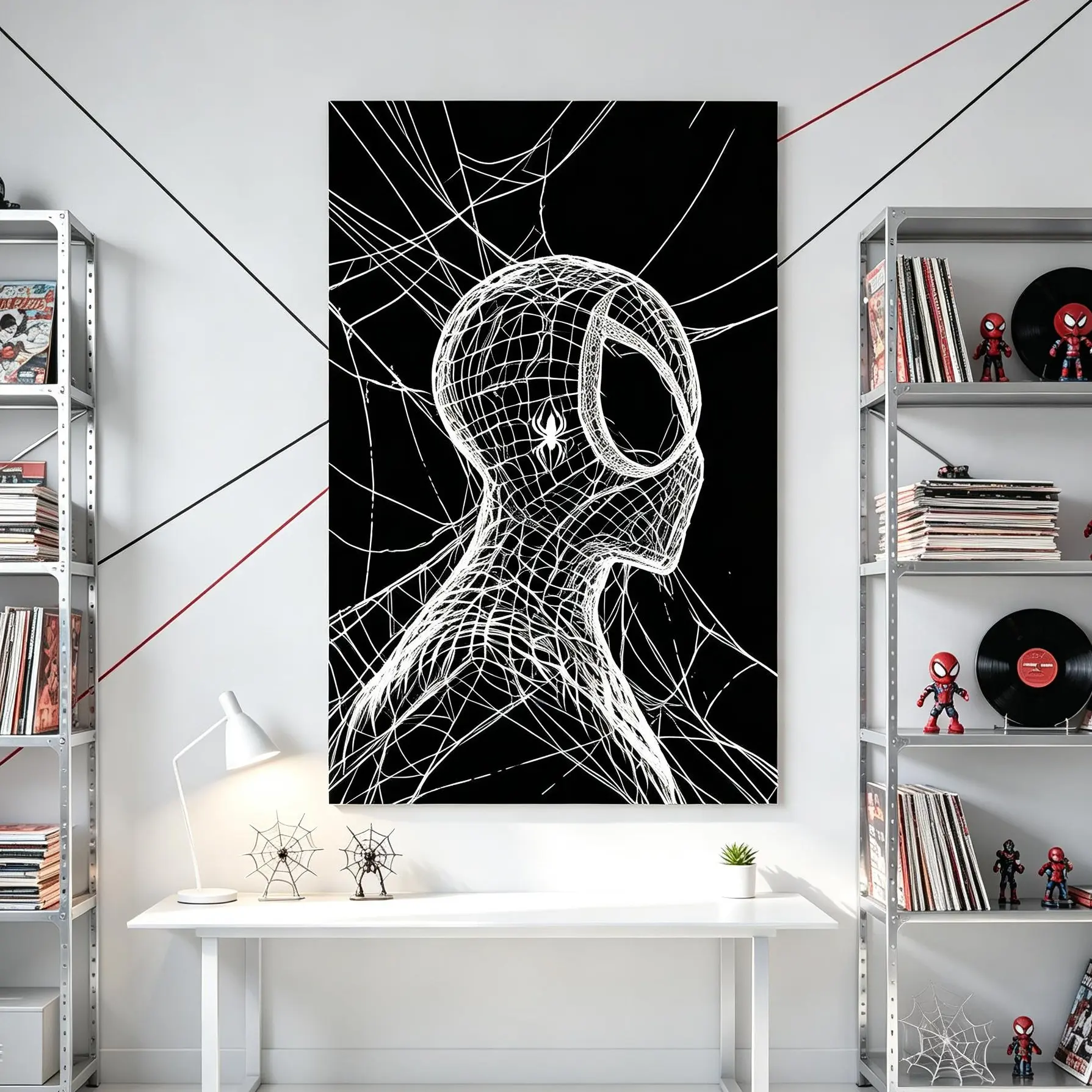 Spider-Man Poster, World of Webs，Minimal Black White Spider Profile Wall Print, Aesthetic Abstract Superhero Artwork, Trendy Bedroom Dorm Wall Decor, Unique Gift For Comic Fans