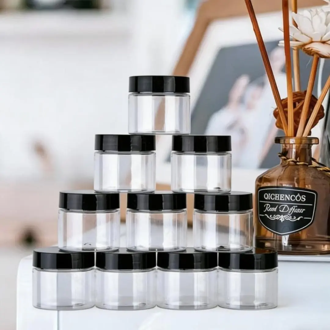 10 Transparent Acrylic Jars with Lids, 50ML Reusable Spiral Caps, Durable Lightweight Cosmetic Bottles, Stackable Containers Set