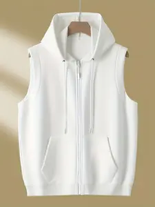American Vintage Hooded Vest, Loose Fit Slimming Outerwear, Zipper Sleeveless Jacket, Basic Hoodie Tank Top, Street Style Sleeveless Hoodie Coat