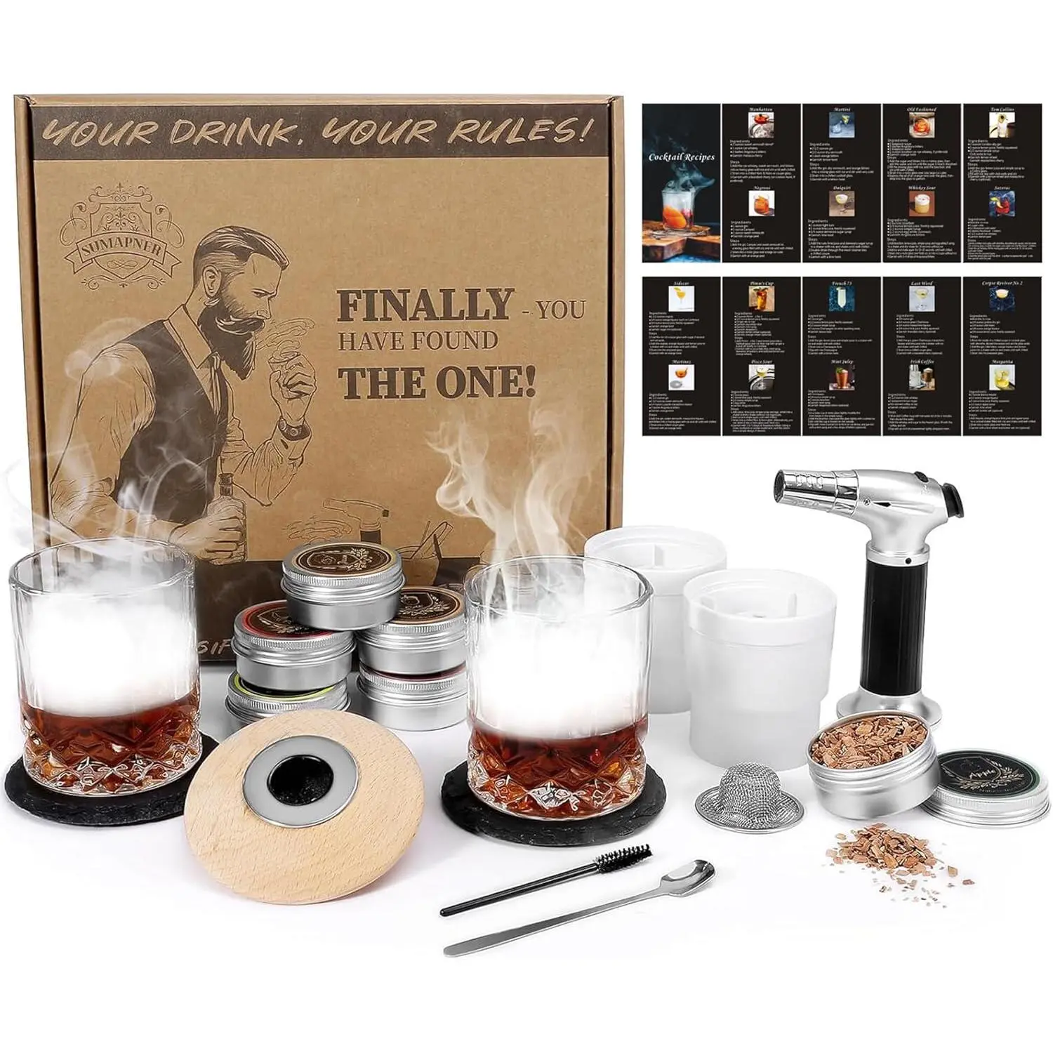 Whiskey Cocktail  Kit with , 6 Flavors Wood Chips, 2 Whiskey Glasses, 2 Ice Ball Molds,  Old Fashioned Drink  Kit, Gifts for Men, Dad, Husband, Boyfriend(No )