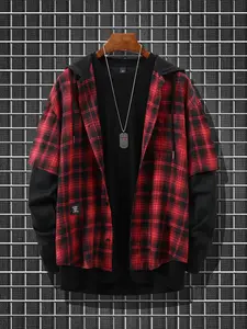 Unisex Plaid Shirt Jacket, Spring Summer Fall Winter, Long Sleeve Hooded Design, Casual Fashion for Daily Wear, Outdoor Sports, Outerwear