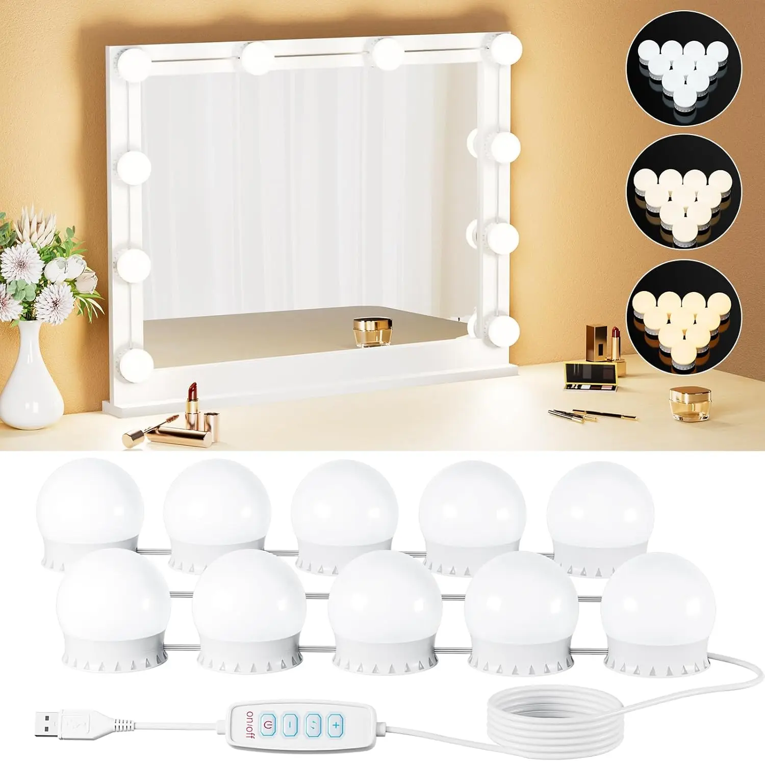 10 Bulbs LED Vanity Lights for Mirror, 3-Color & 10-Brightness, Wire Length Adjustable, USB Cable, Hollywood Mirror Lights for Makeup Dressing Room Bathroom, White (No Mirror Included)