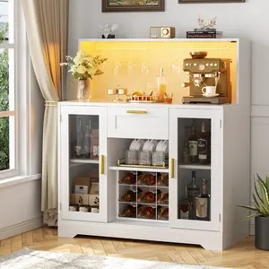 40'' W Wine Bar Cabinet With Power Outlets, Liquor Cabinet with Wine Rack ＆ Glass Holder, Coffee Bar Cabinets Kitchen Pantry Buffet Sideboard Table