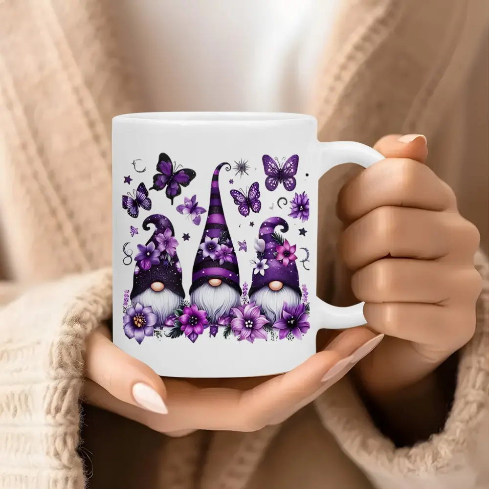 One Whimsical Ceramic Mug Featuring a Purple Butterfly And Gnome, with an 11Oz Capacity. It'S Sturdy And Safe for Microwave Use, Making It Great for Coffee, Tea, And Other Hot Drinks. an Excellent Gift Choice for Holidays, Birthdays