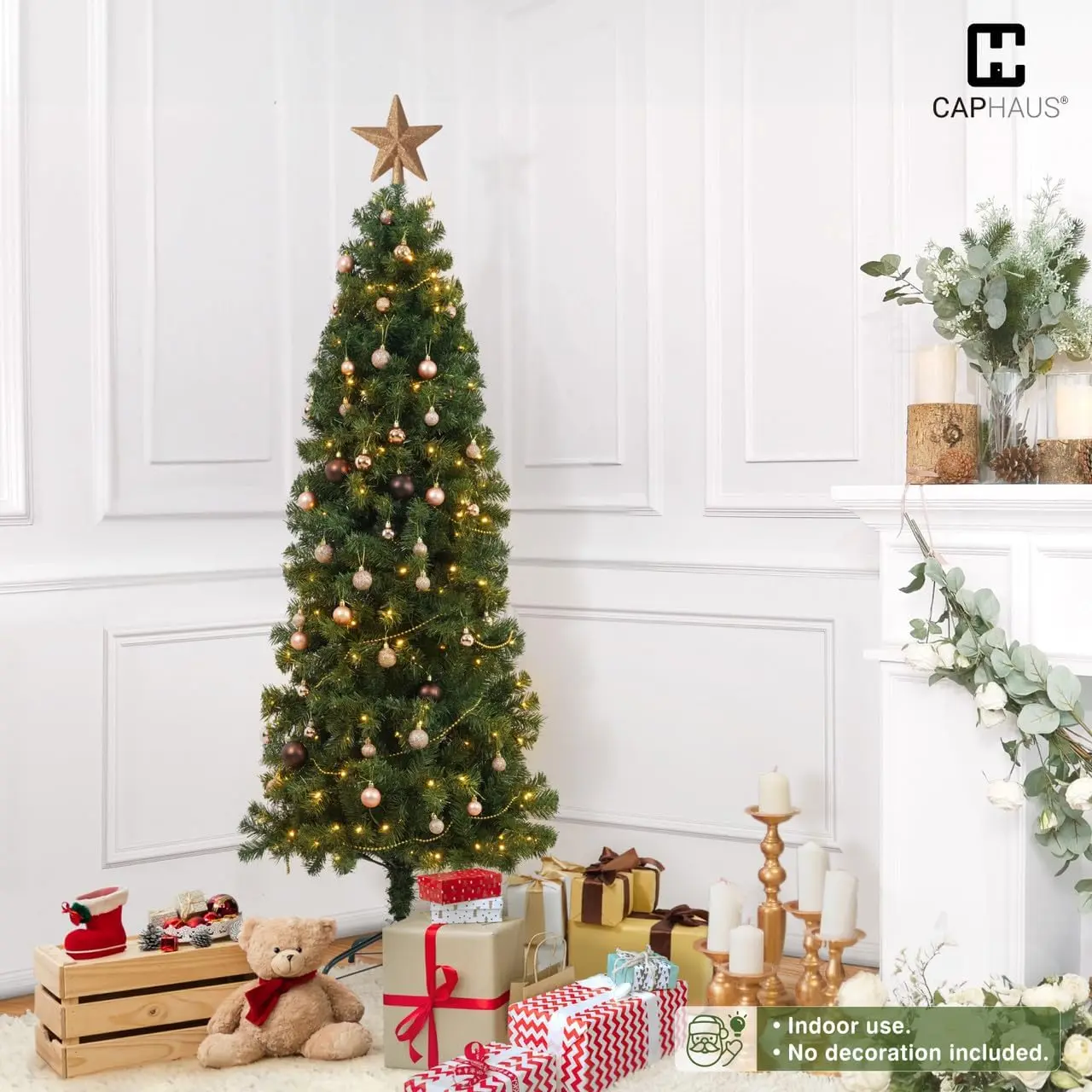 CAPHAUS Artificial Pre-lit Pencil Christmas Tree w/ 150/250/350 LED Lights, Premium Slim Christmas Tree w/ 398/618/980 Branch Tips Pre-Hinged & Foldable Stand, Skinny Christmas Tree, Pencil Tree