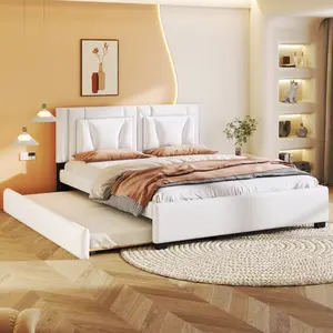[Bellemave]Queen Size Upholstered Platform Bed with Headboard and Twin Size Trundle, White