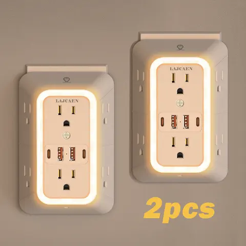 2-Pack 3-Sided Rectangle Smart Surge Protector Outlet Extender with Night Light - 6 US Plug Wall Socket Outlets, 4 USB Ports (2 USB-C), 3-Channel Sockets, Travel-Friendly Indoor Multi Plug Charger for Home, Office