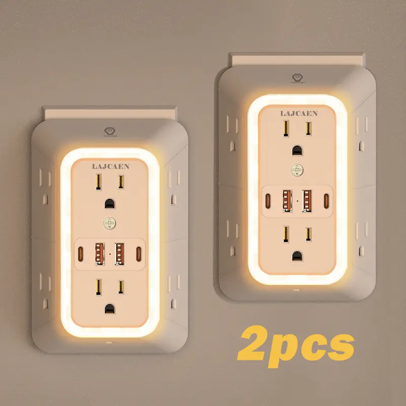 2-Pack 3-Sided Rectangle Smart Surge Protector Outlet Extender with Night Light - 6 US Plug Wall Socket Outlets, 4 USB Ports (2 USB-C), 3-Channel Sockets, Travel-Friendly Indoor Multi Plug Charger for Home, Office