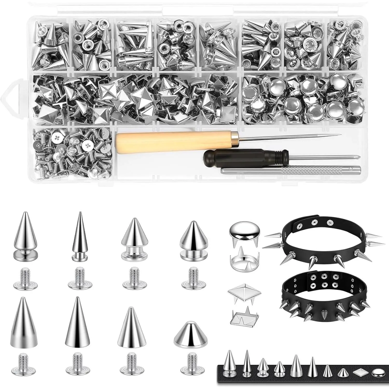 Studs and Rivets Kit, 556-Piece All-in-1 Set with Tools - Metal Punk Cone, Dome & Square Pyramid Studs for Clothes, Bags & Belts, Square Pyramid Rivets