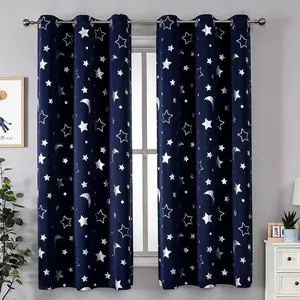 1pc Moon & Star Pattern Single Panel Window Curtain, Cartoon Polyester Textured Blackout Curtain For Bedroom And Living Room, All Season