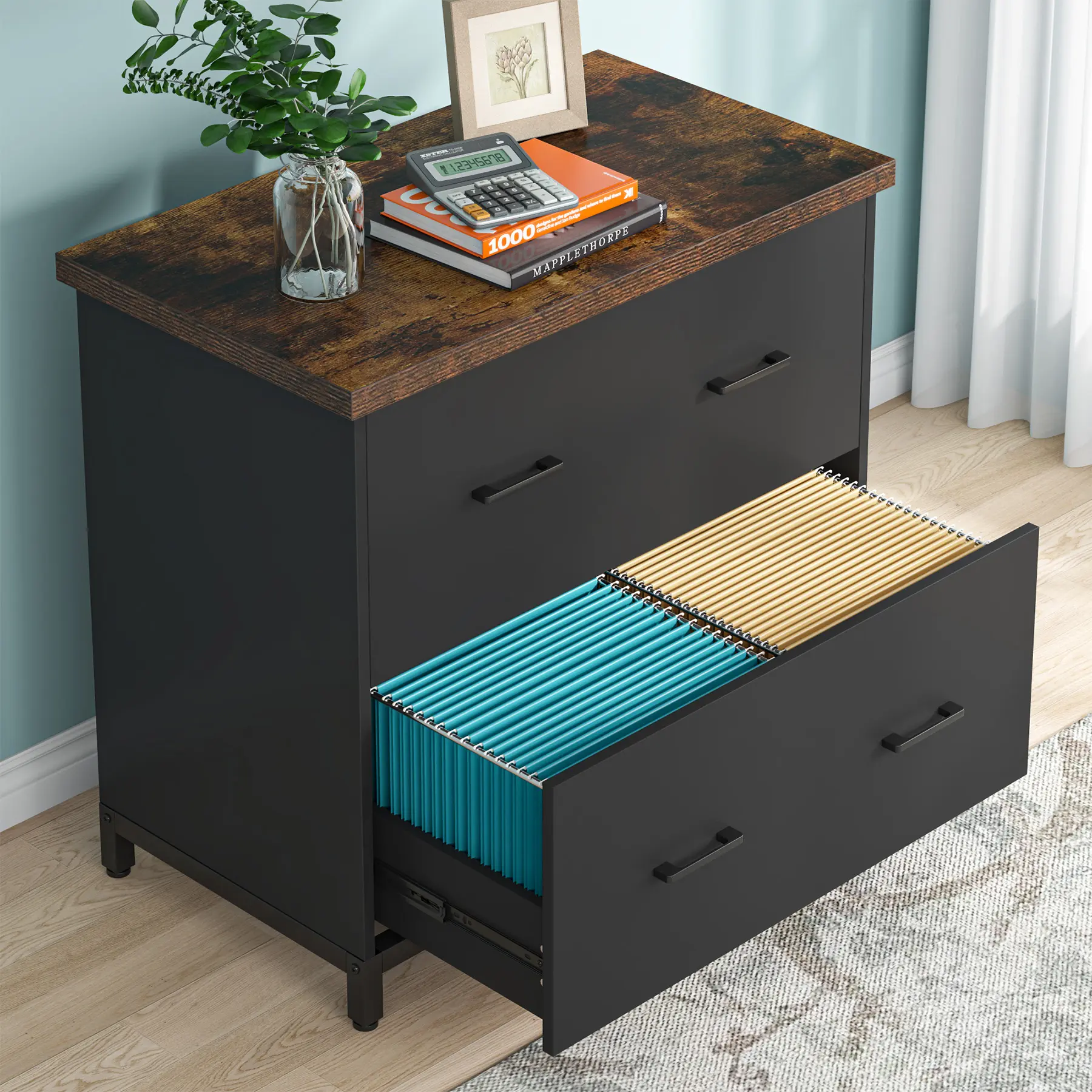 Tribesigns 2-Drawer File Cabinet, Wood Lateral Filing Cabinet, Home Office File Cabinet for A4, Letter Size, Brown & Black