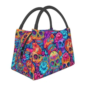 Lunch box, lunch bag, reusable portable insulation bag, insulation bag,Colorful Skeleton pattern, suitable for outdoor camping, work, school, fitness