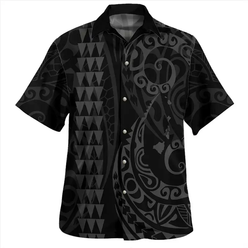 Men's Black Polynesian Hawaiian Shirt, Tribal Tattoo Button Down Shirt, Tropical Aloha Beach Vacation Casual Shirt