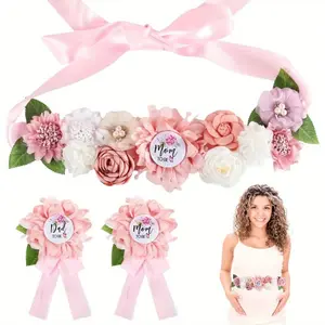 Set of 3 Flower Sash Set Shower Mom To Be Daddy To Be Corsage Pin Pink Flower Belt for Maternity Dress Photo Props Supplies Gender Reveal Decorations Strong Sense Masks Ornaments