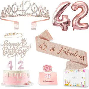 42nd Birthday Decorations for Women, Including 42 Year Old Birthday Cake Topper, Queen Sash with Pearl Pin, Sweet Rhinestone Tiara Crown, Number Candles and Balloons Set, Rose Gold