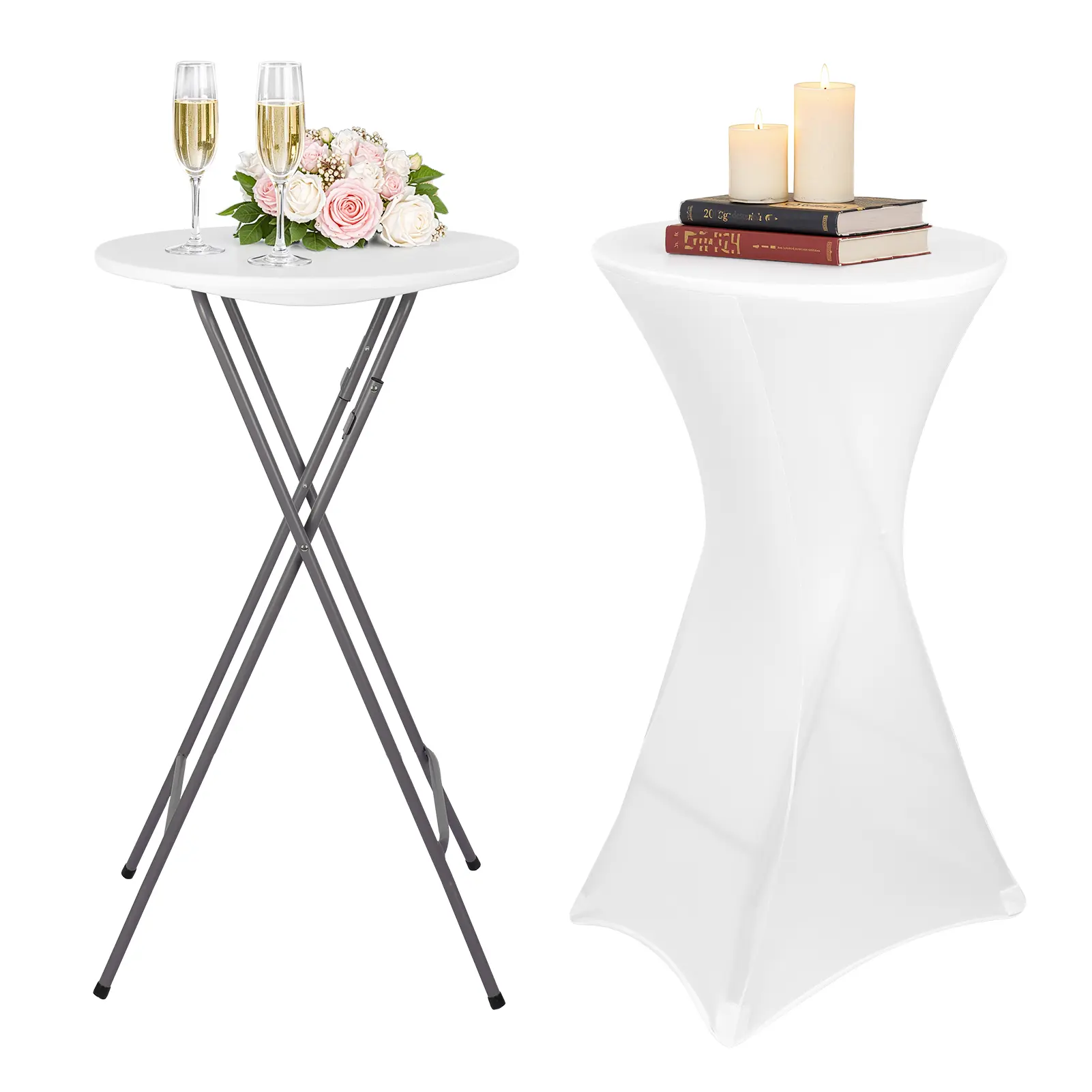 2 Set 24" High Top Cocktail Table Folding Round Bar Height with Black Spandex Stretch Covers for Parties Patio Backyard Dining Wedding Easy Foldable Design Sturdy Structure