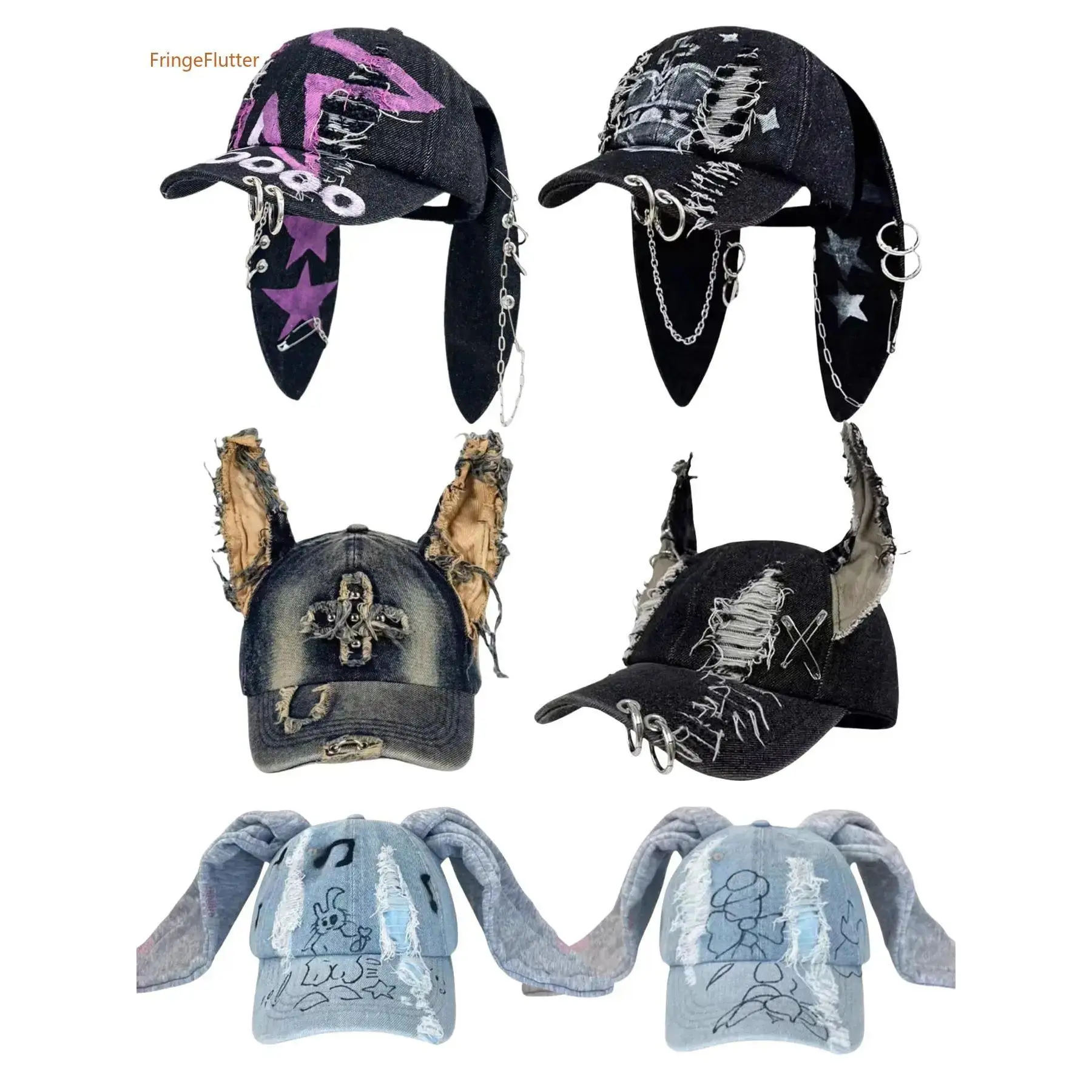 Unisex Wasteland Style Bunny Ear Baseball Cap, Adjustable Snapback Cap, Punk Denim Trucker Hat with Chain, Streetwear Hip Hop Costume for Halloween Party