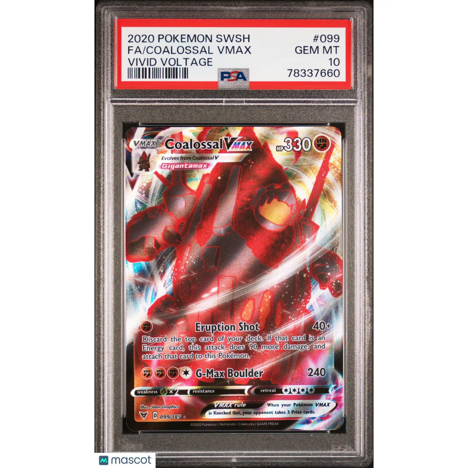 PSA 2020 Pokémon Coalossal Vmax #099 Vivid Voltage Full Art 10 Graded Card