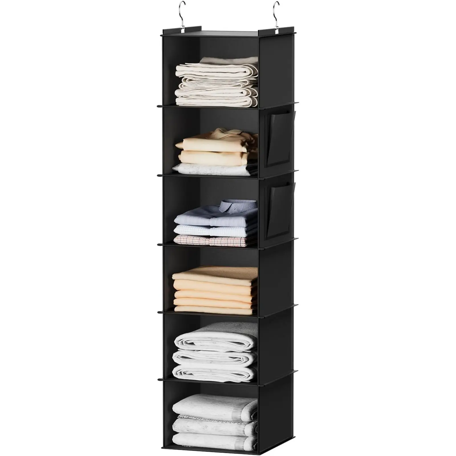 6-Layer Hangable Fabric Closet Organizer Rack - Black Rectangle Hanging Shelf with 10-15 Kg Load Capacity, Quick Hang Setup for Bedroom Small Closet Organization, Space-Saving Storage Holder