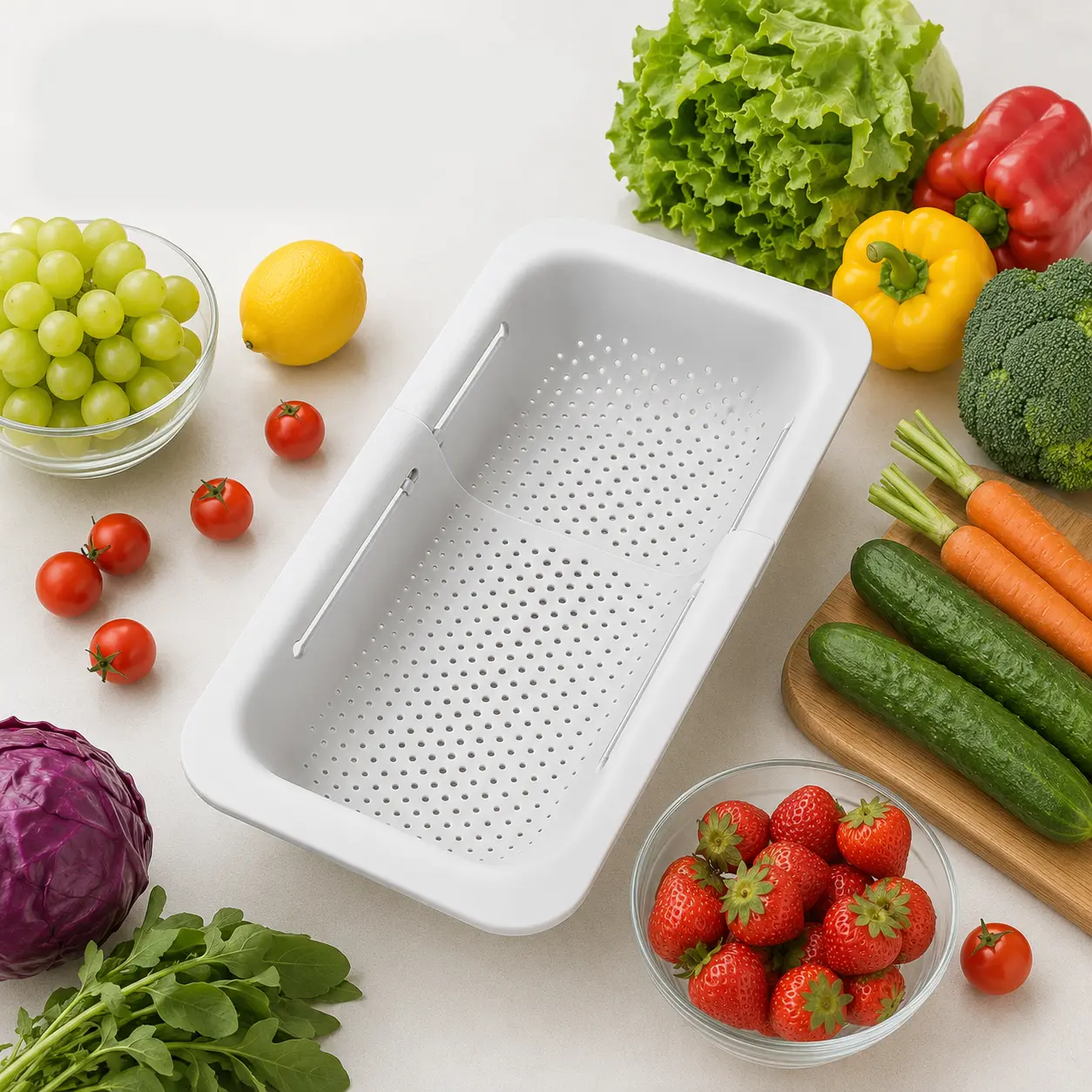 Compact Plastic PP Expandable Over-The-Sink Colander, Adjustable Strainer Basket for Kitchen Fruit-Vegetable Washing, Space-Saving Daily Use Food Prep Tool with Drain Holes