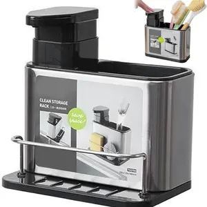 Kitchen Sink Caddy 3-In-1 Organizer, Includes Dish Soap Dispenser & Dish Brush Holder, Detachable Tray for Easy Cleaning