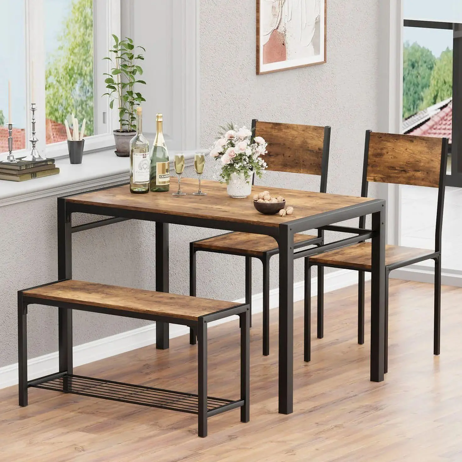 Furmax Modern 4-Seat Dining Set with Table, Dining Chairs & Bench - Waterproof Wood-Metal Frame, Storage Shelf, Apartment Furniture for Indoor Kitchen/Living Room Use