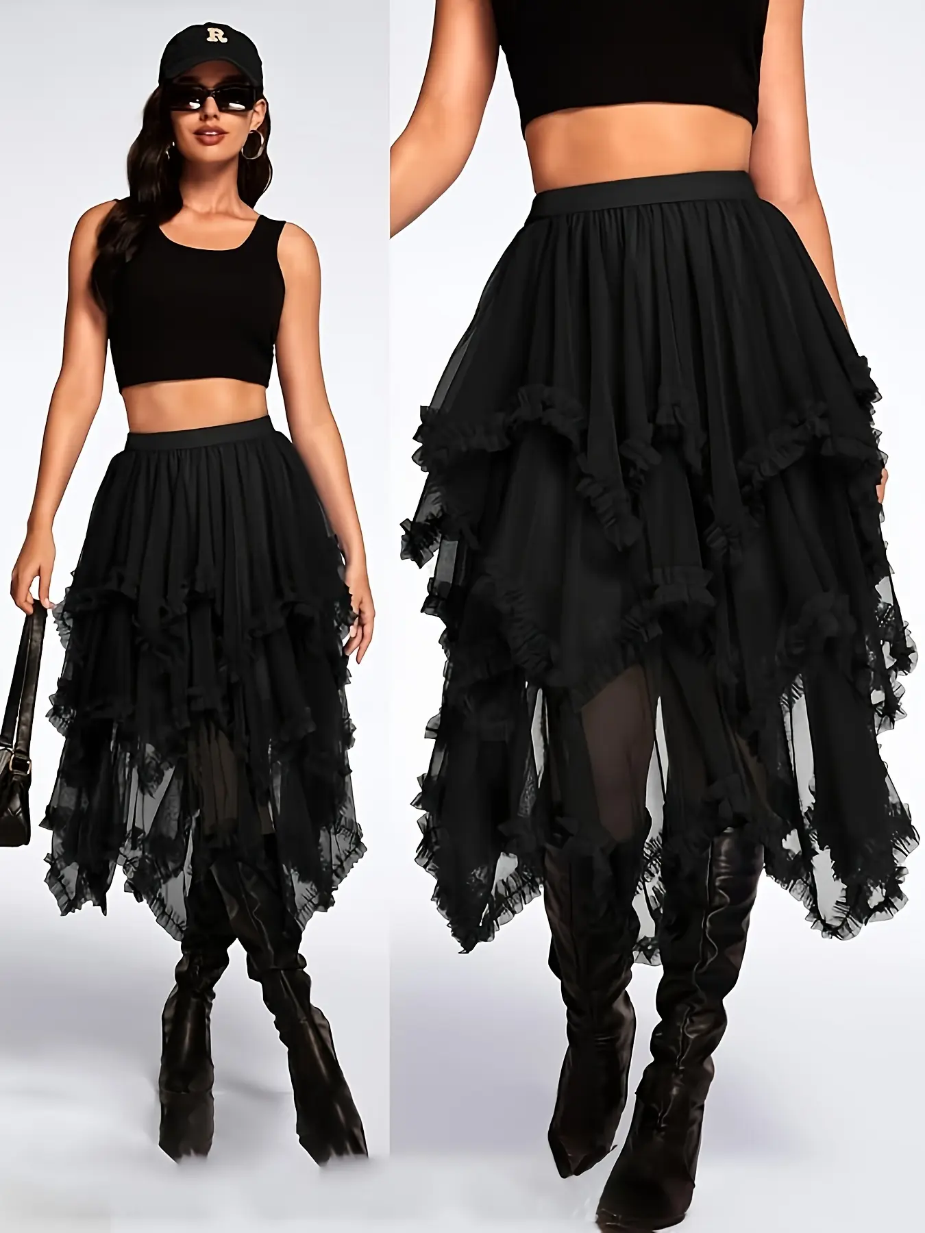 Elegant Asymmetrical Ruffle Mesh Cake Skirt, Elastic Waist Mid-Length High-Waist Slimming Fit Half-Pant Dress, Fairy Style A-Line Skirt, Ruffled, Women, Lightweight