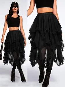Elegant Asymmetrical Ruffle Mesh Cake Skirt, Elastic Waist Mid-Length High-Waist Slimming Fit Half-Pant Dress, Fairy Style A-Line Skirt