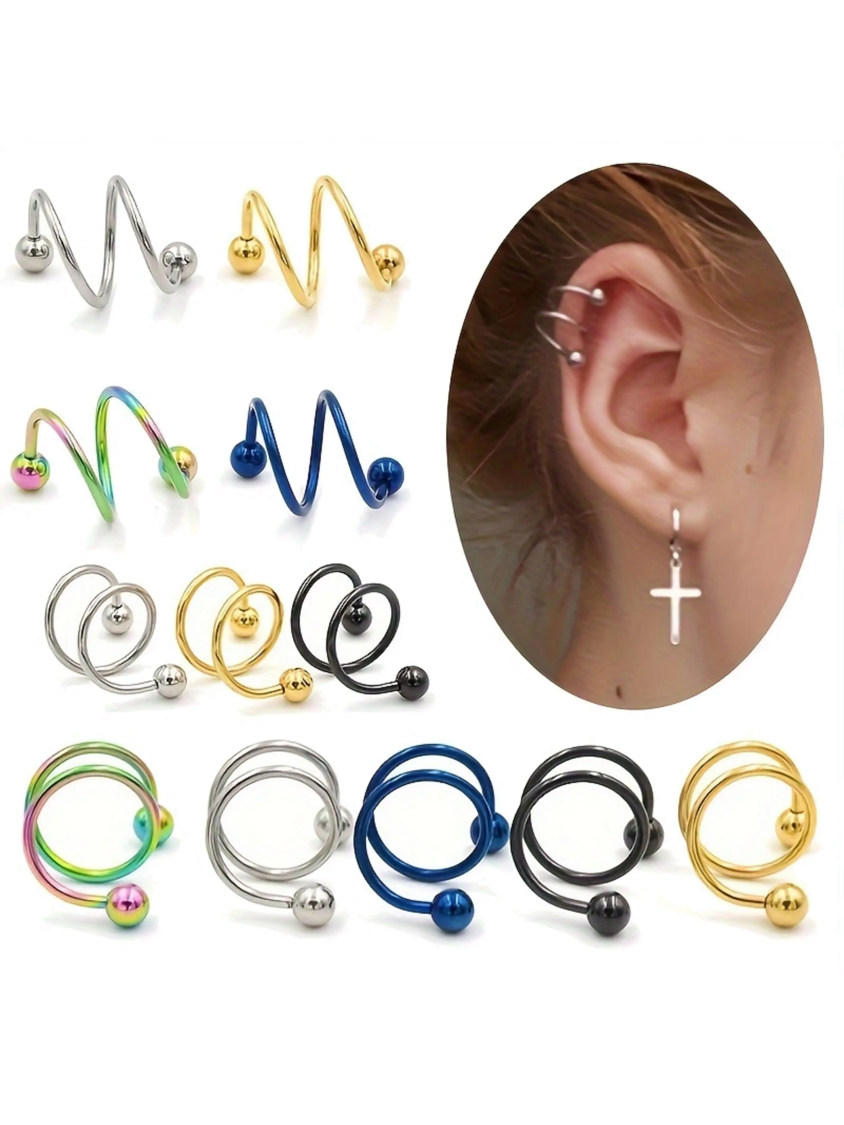 2pcs Stainless Steel Double Twist Ear Plug Earring Spiral Helix Stud Lip Ring Body Piercing Jewelry 8mm 10mm Twist Wrap Spiral Earrings for Women Double Hoop Climber Cuff Earrings Hypoallergenic Tiny Twist Piercing Earrings