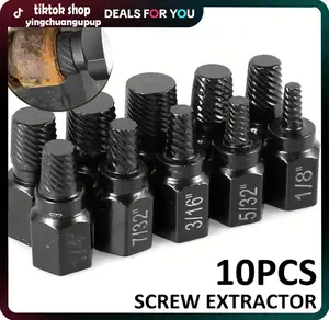 10 Pcs Screw Extractor Set, Hex Head Easy Out Bolt Extractor Set, Multi-Spline Stripped Screw Extractor Set, Broken Bolt Remover Kit, Damaged Screw Extractor Set for Removing Broken Studs, Bolts