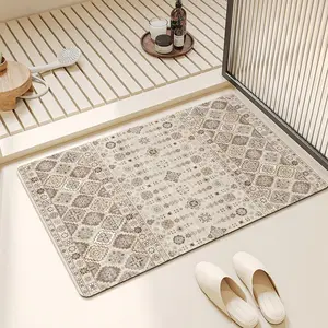 MeckoBath Mat Rug, Super Absorbent Drying Mat,Modern Vintage Style,Rubber Non-Slip Quick Dry Absorbent Thin Mat- for Kitchen, Floor, Office, Sink, Shower Room and Pool Gym Locker Room,Beige Mat