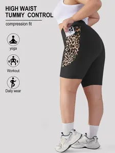 Women's Plus Size High Waist Tummy Control Slim Fit High Stretch Shaping Leggings, Leopard Print Side Patch, Pockets, Cool Elastic Fabric, Summer Casual Boho Style