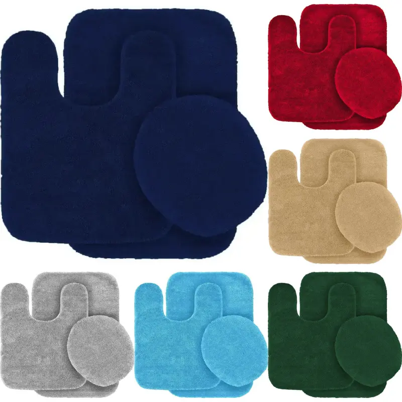 Bathroom 3-Piece Solid Bath Mat Set - Contour Rug, Toilet Lid Cover