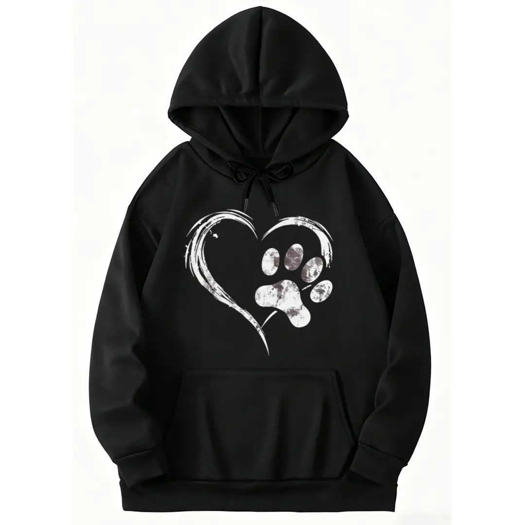 Vintage-Style Long Sleeve Hoodie with Distressed Dog Paw Print – Perfect Black Sweatshirt for Pet Lovers' Everyday Wear