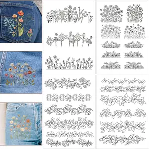 4 Sheets Flower Water Soluble Embroidery Patterns, Stick and Stitch Paper Long Rattan Floral Transfer Paper for Hand Sewing Lovers Beginners