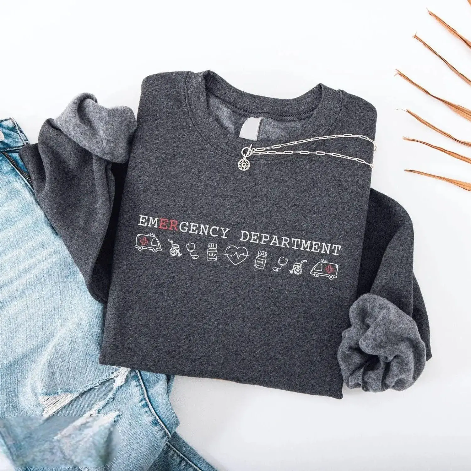 ER Nurse T-Shirt OR Sweatshirt - Cute Doodle Emergency Department Gift For ER Tech Doctor