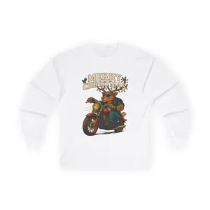 Christmas Motorcycle Long Sleeve Tee, Biker Xmas Reindeer Shirt, Holiday Gift for Motorcyclist, Men Women Unisex Tee, Cotton Long Sleeve