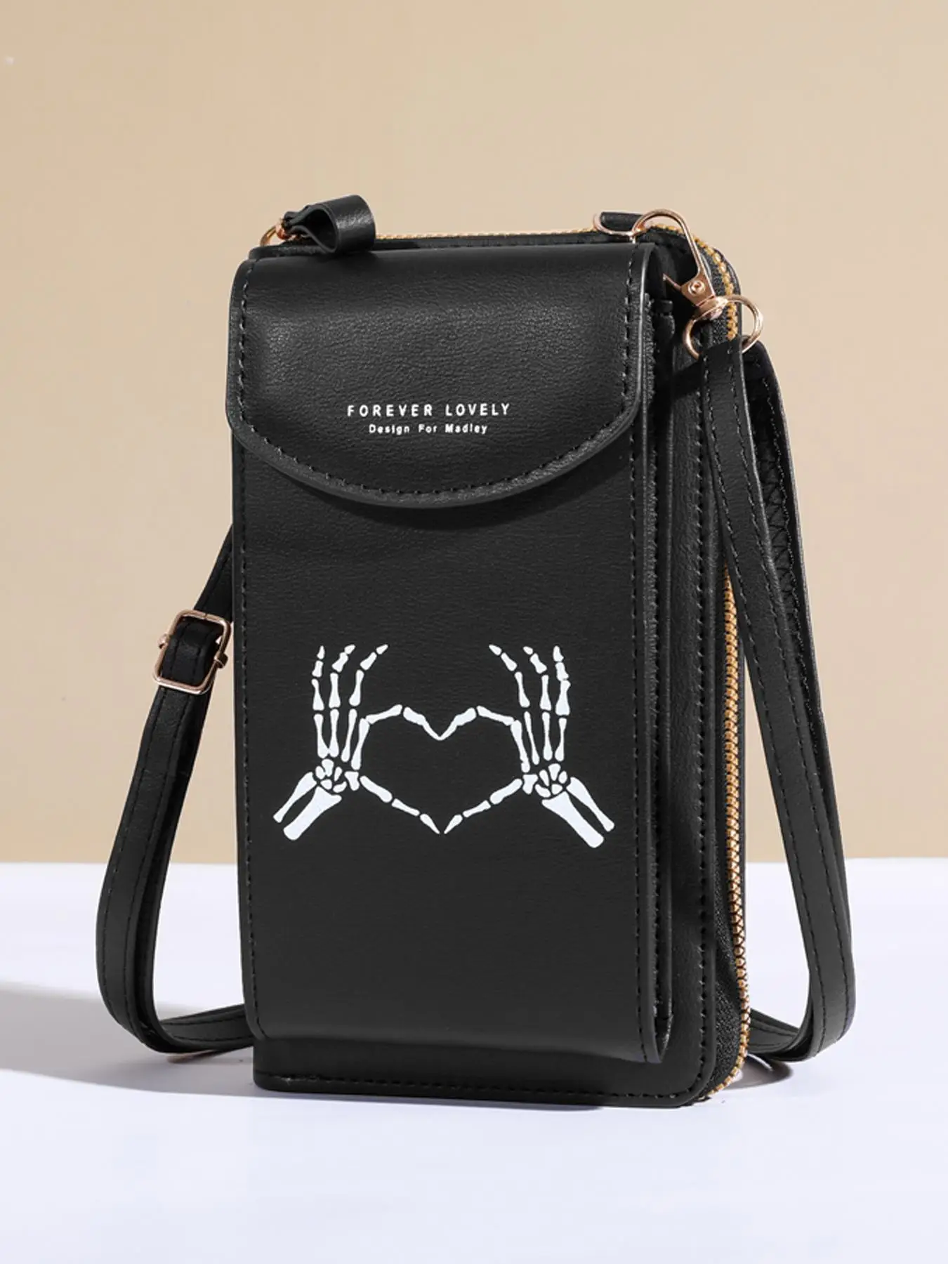 Skeleton Hand Pattern Crossbody Bag, Fashionable PU Leather Zipper Shoulder Bag for Women, Casual Trendy Versatile High-quality Daily Commuting Bag Gi