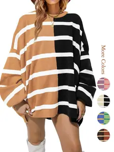 Aswulk Womens Striped Pullover Sweater Crew Neck Long Sleeve Knitted Color Block Casual Loose Lightweight Sweaters for Women