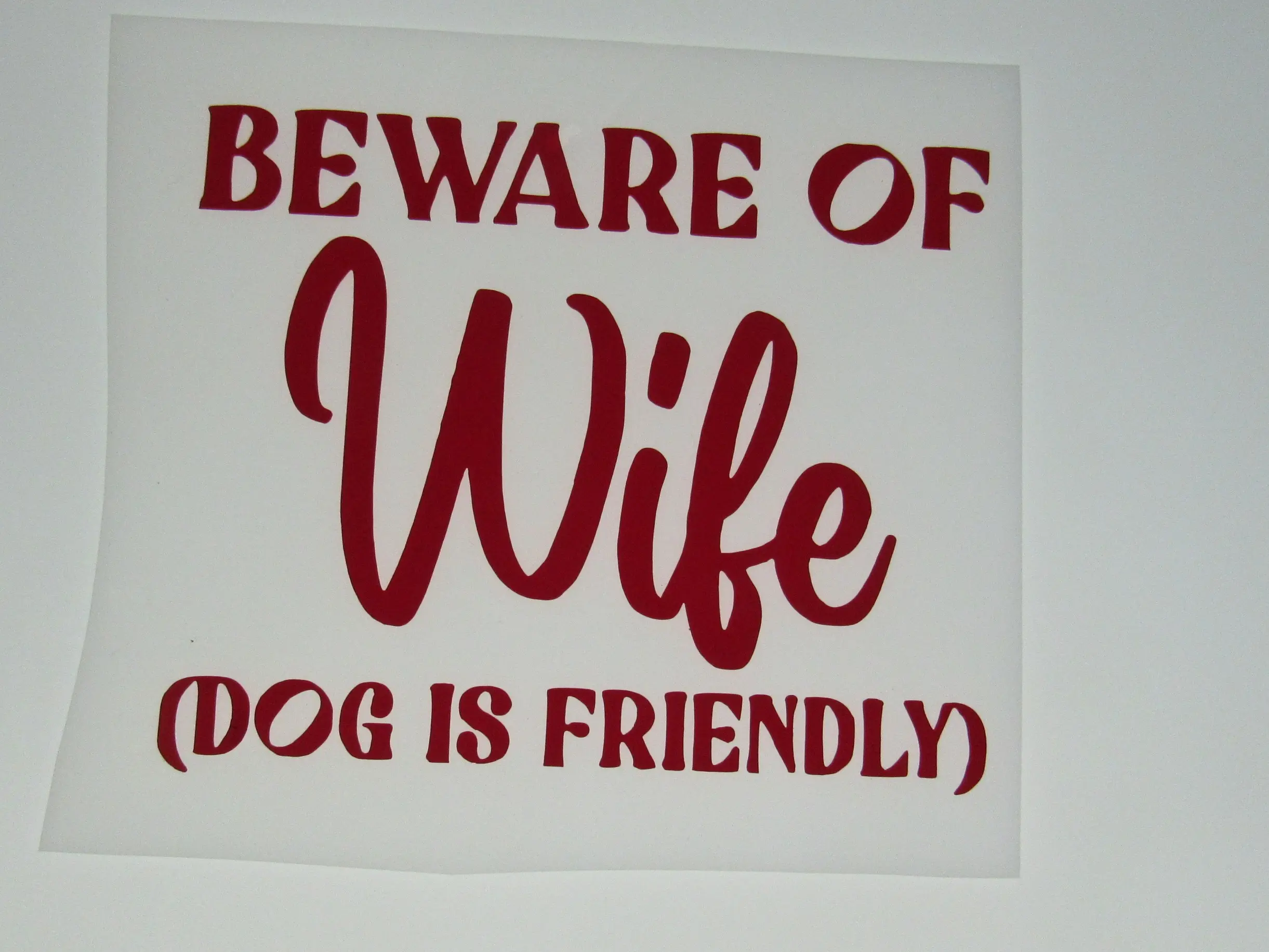 Beware Of Wife Dog Is Friendly Decal, Durable Sticker for Indoor and Outdoor Use