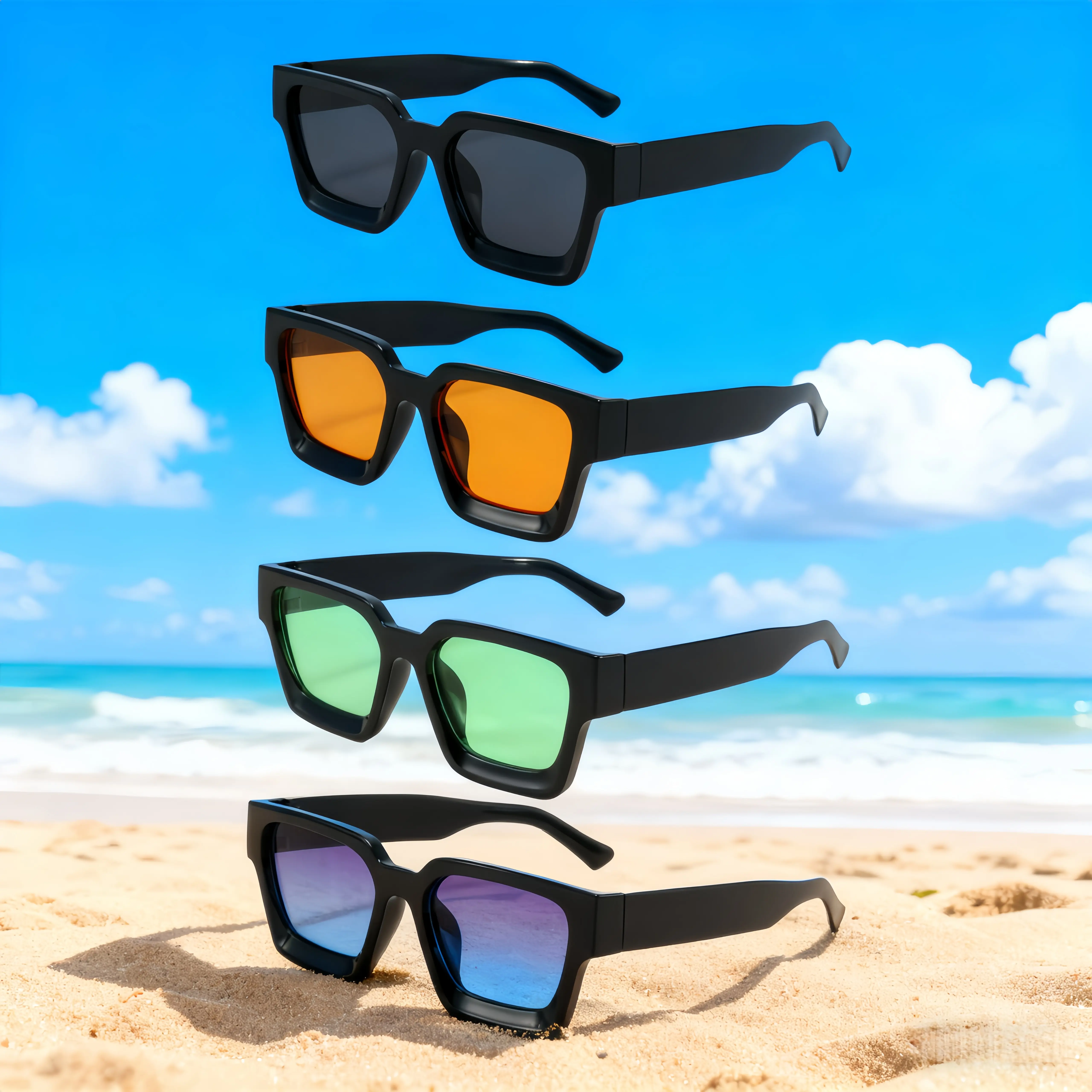 4 Pack Retro Square Sunglasses - Black Frames with Multi 
