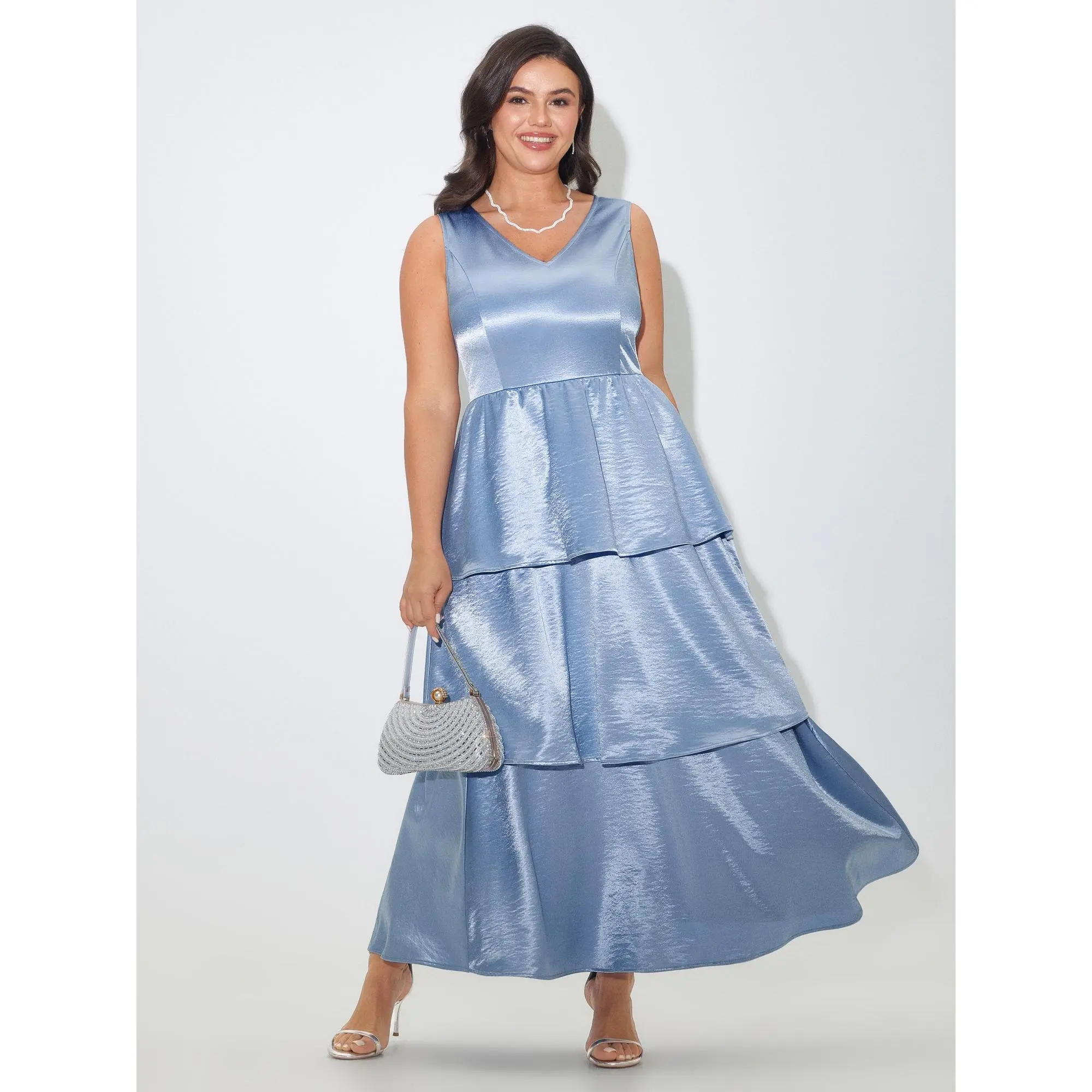 BloomChic Plus Size Shiny Satin Layered Sleeveless Maxi Dress[M-6X] Back To School,Spotlight Day