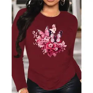 Women's Long Sleeve T-Shirt Elegant Butterfly and Floral Graphic Tee Romantic and Nature - Inspired Top for Casual Daily Wear Date Nights and Feminine Style Statements