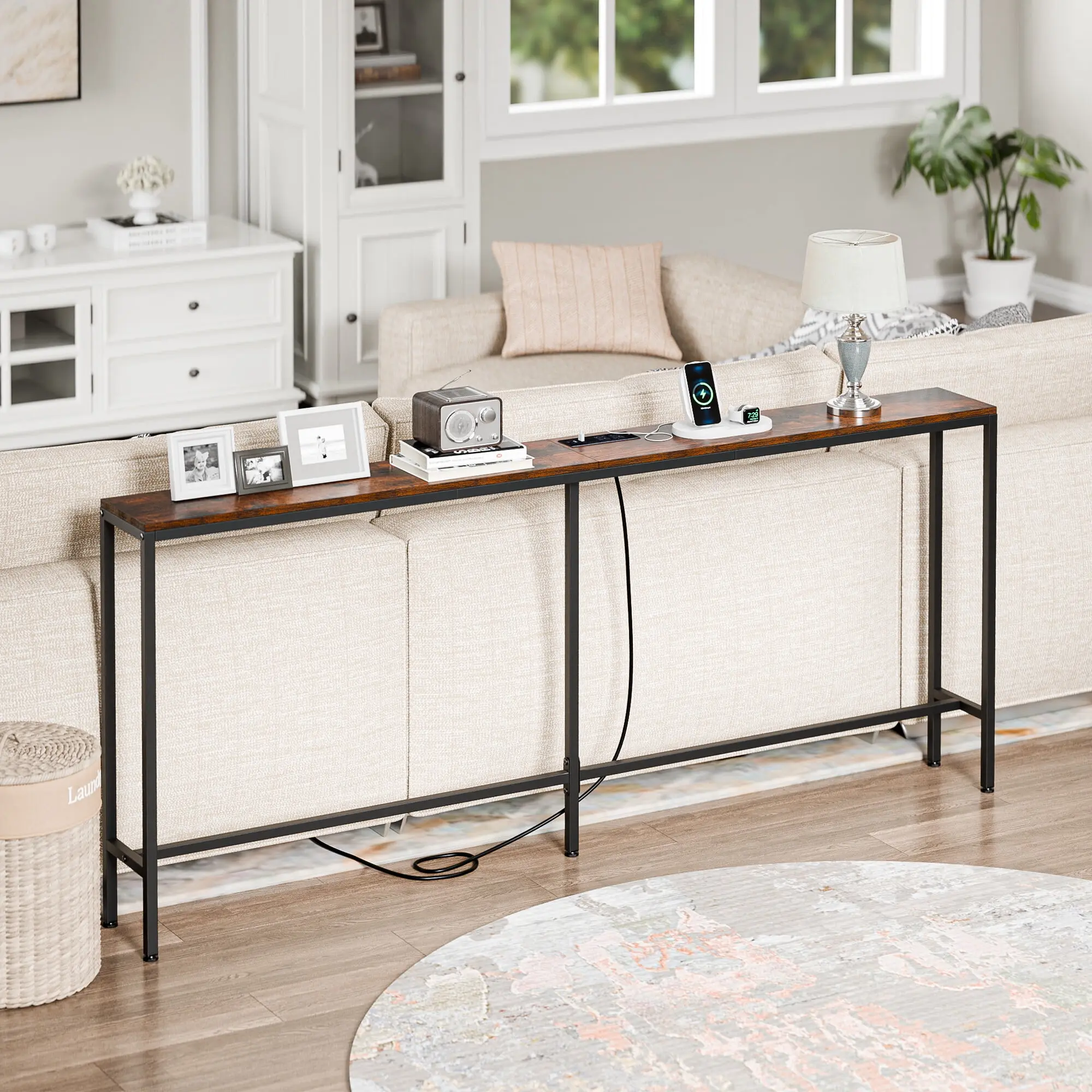 ZENY 71-in Rustic Brown Narrow Entryway Console Table - Modern Console Table with Charging Station, Power Outlet, 2 USB Ports, 5 Adjustable ft, for Sofa Side or Bedside Use, Stylish Bedside Table